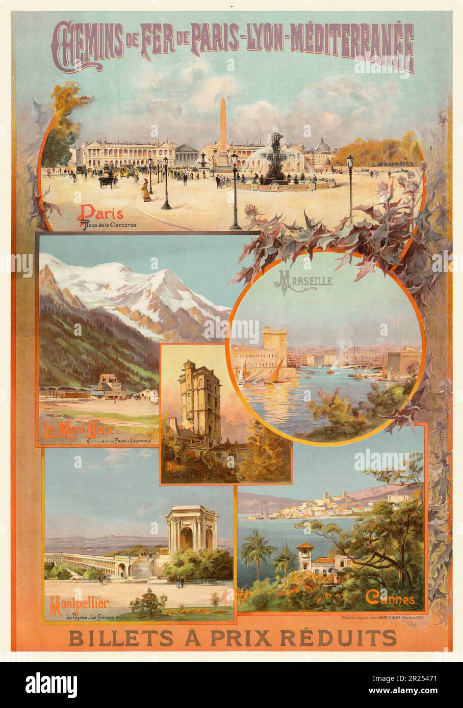 PLM Paris, Place de la Concorde. Marseille. Le Mont Blanc, Montpellier, Cannes von F. Hugo d'Alési (1849-1906). Poster wurde 1904 in Frankreich veröffentlicht. Stockfoto