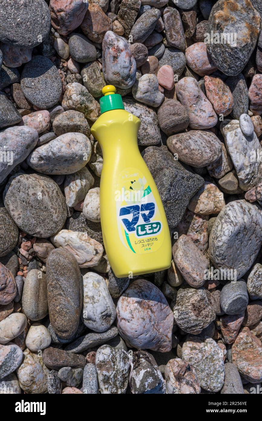 Eine Plastikflasche Waschmittel, hergestellt von der japanischen Firma Lion Corporation. Angespült an einem Shetland-Strand. Stockfoto