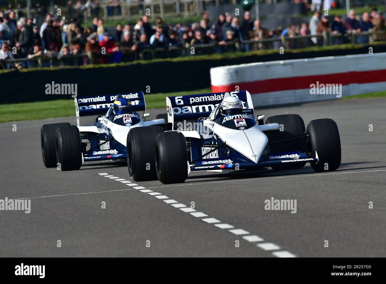 Riccardo Patrese, David Brabham, Brabham-BMW BT52, Vorführrunden, Goodwood 80. Mitgliedertreffen, Goodwood Motor Circuit, Chichester, West Sussex, Stockfoto