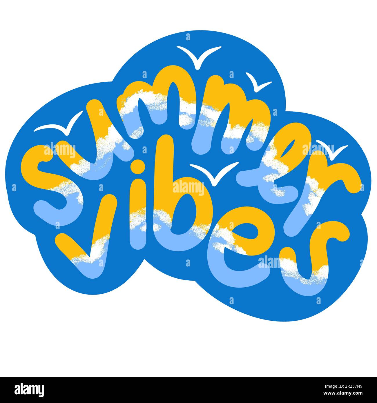 Handgezeichneter Aufkleber mit Sommeratmosphäre. Meeres-Strandurlaub, blauer gelber Tourismus Relax Textworte Schriftzug Schriftzug Schriftzug Schriftzug, helles farbenfrohes Design Stockfoto