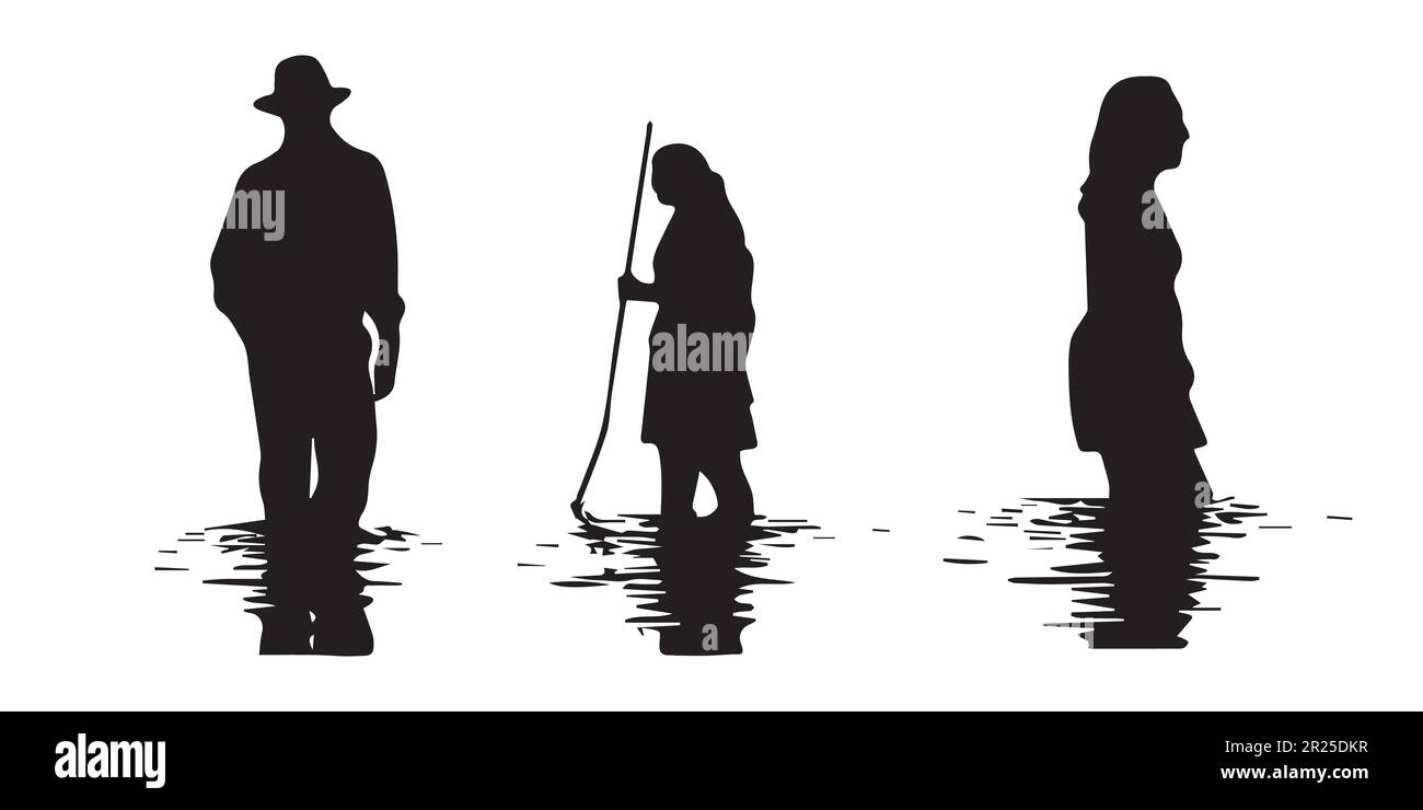 Silhouetten von Menschen im Wasser des Flussvektorentwurfs. Stock Vektor