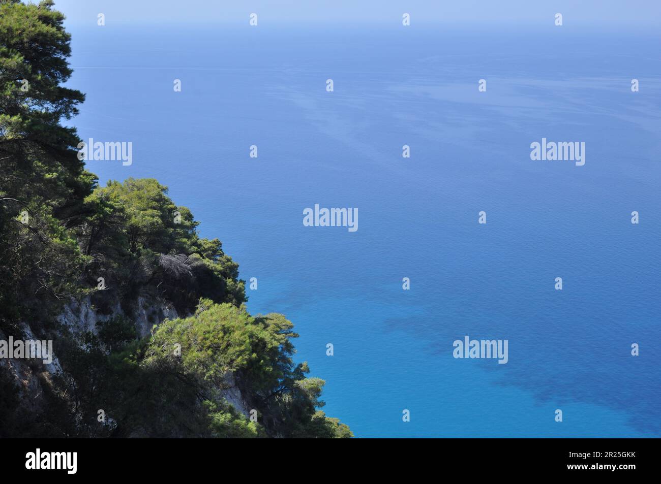 Wunderschöne Landschaft, Büsche und leuchtend blaues Wasser im Hintergrund Stockfoto