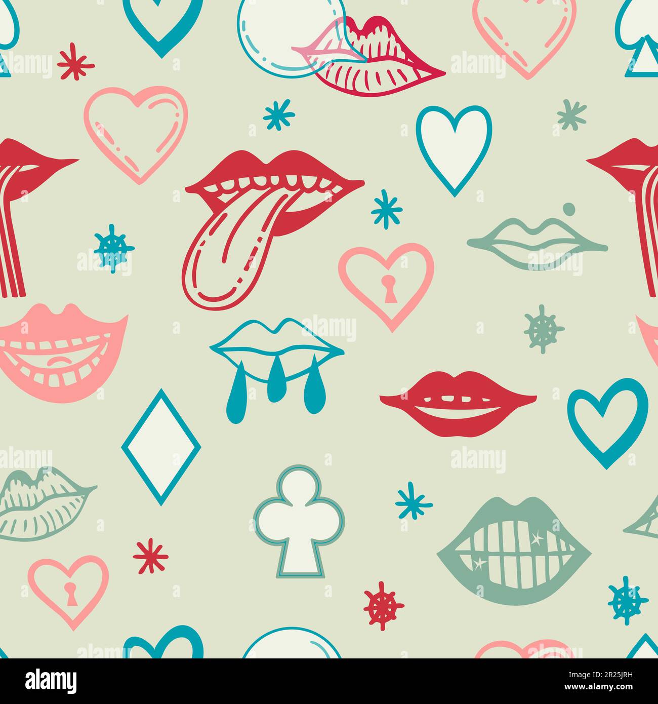Nahtloses Muster mit psychedelischen Mundelementen. Retro-Design von Hipster-Ikonen. Doodle-Style-Grafik. Klassischer Trippy-Cartoon. Farbsymbole von 60 70 Stock Vektor