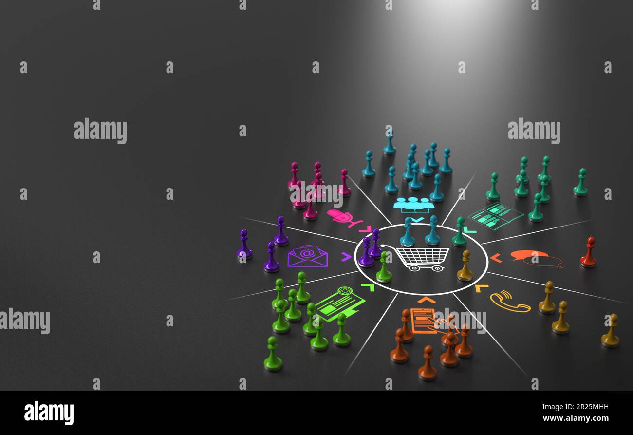 3D-Darstellung vieler Bauern um einen Einkaufswagen auf schwarzem Hintergrund. Multi-Channel-Marketing- und Vertriebskonzept. Stockfoto