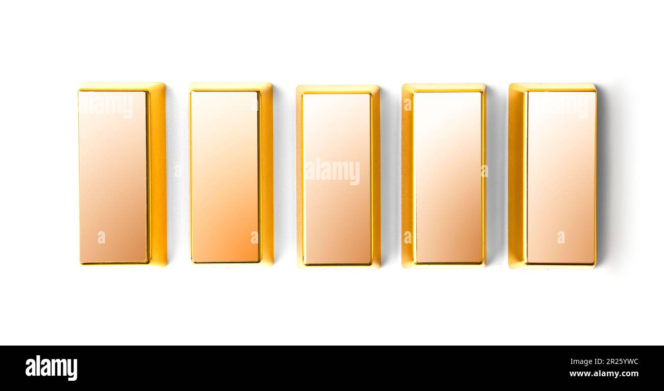 Goldene Balken isoliert auf weißem Hintergrund, Draufsicht. Das Konzept von Finanzen, Geschäft, Erfolg, Wohlstand, erfolgreichen Investitionen. Stockfoto