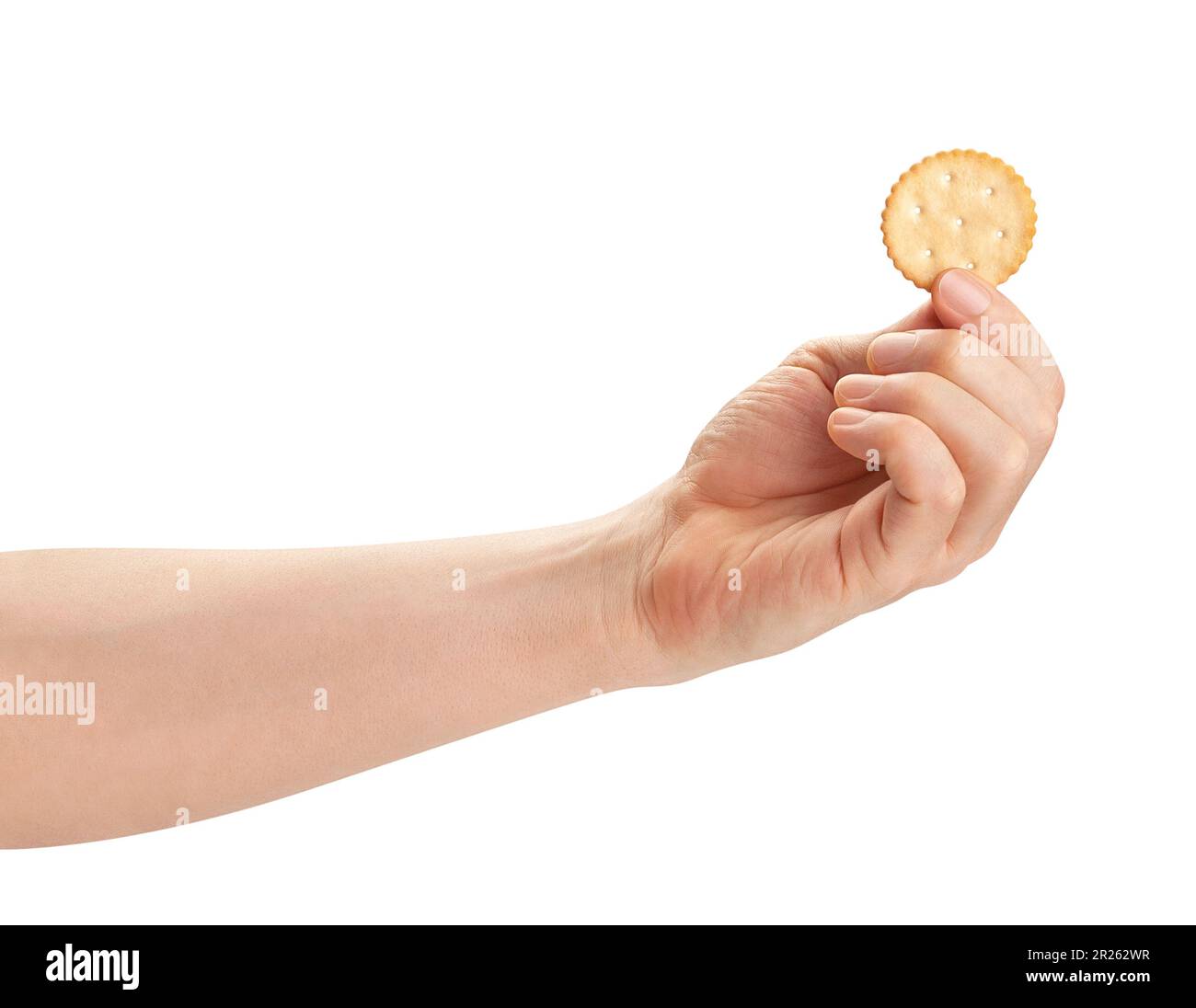 Runder Cracker im Handweg auf weiß isoliert Stockfoto
