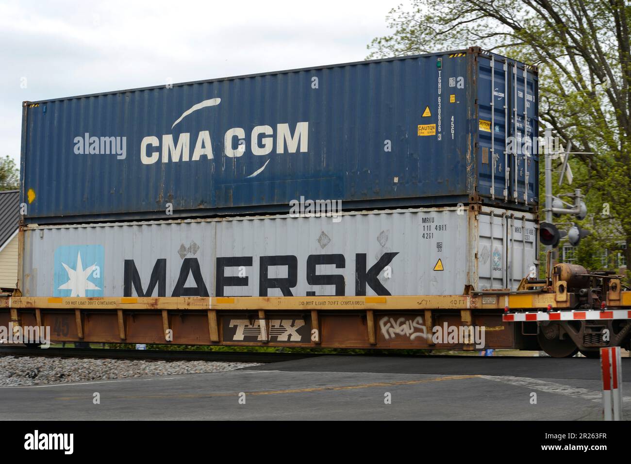 Zu den Containern, die von der Norfolk Southern Railway in den USA gezogen werden, gehören CMA GGM und Maersk. Stockfoto