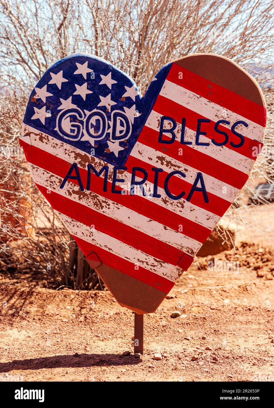 God bless America herzförmiges Schild; Gouldings Trading Post; Monument Valley; Utah: USA Stockfoto