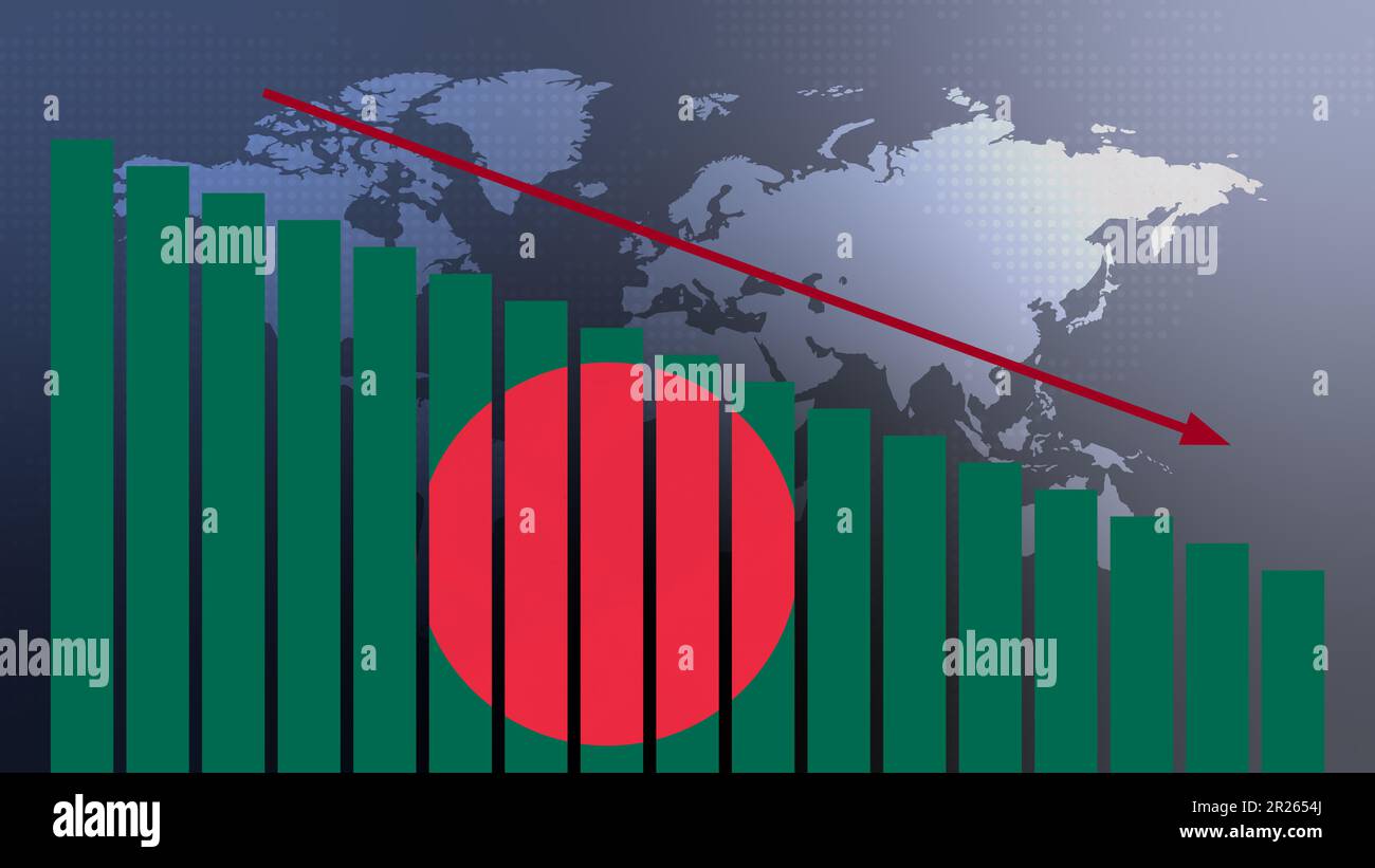 Bangladesch Flagge auf Balkendiagramm Konzept mit abnehmenden Werten, Konzept der Wirtschaftskrise, politische Konflikte, Kriegskonzept mit Flagge Stockfoto