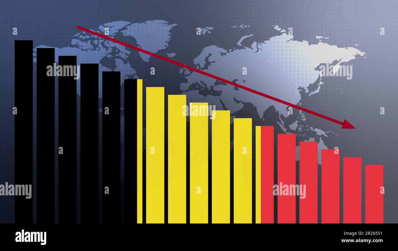 Belgische Flagge auf Balkendiagramm Konzept mit abnehmenden Werten, Konzept der Wirtschaftskrise, politische Konflikte, Kriegskonzept mit Flagge Stockfoto