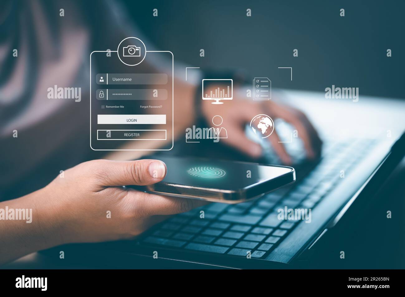 Woman Hold Smartphone mit virtueller globaler Dimension mit Cyber-Sicherheit, Anmeldung, Benutzer, Sicherheit und Verschlüsselung von Identifizierungsinformationen, sicherem Zugriff auf Benutzer Stockfoto