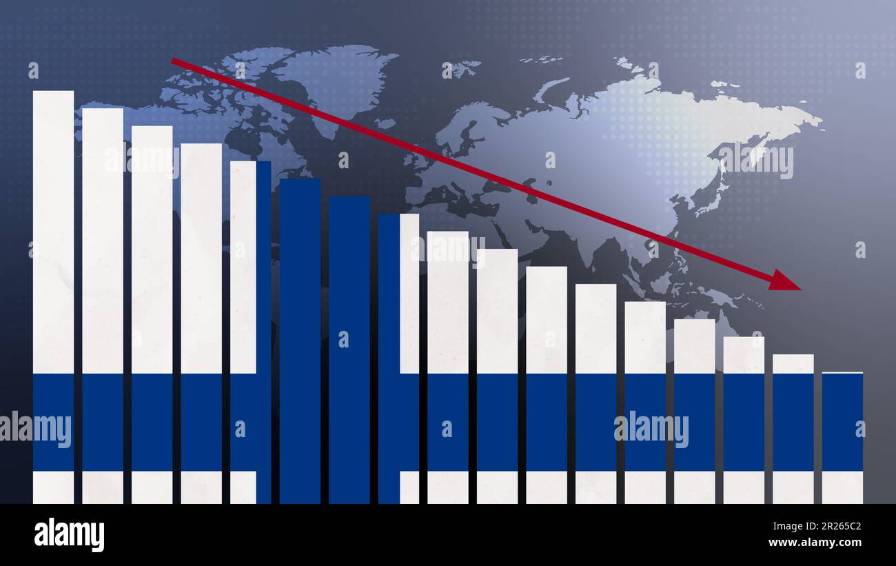 Finnische Flagge auf Balkendiagramm Konzept mit abnehmenden Werten, Konzept der Wirtschaftskrise, politische Konflikte, Kriegskonzept mit Flagge Stockfoto