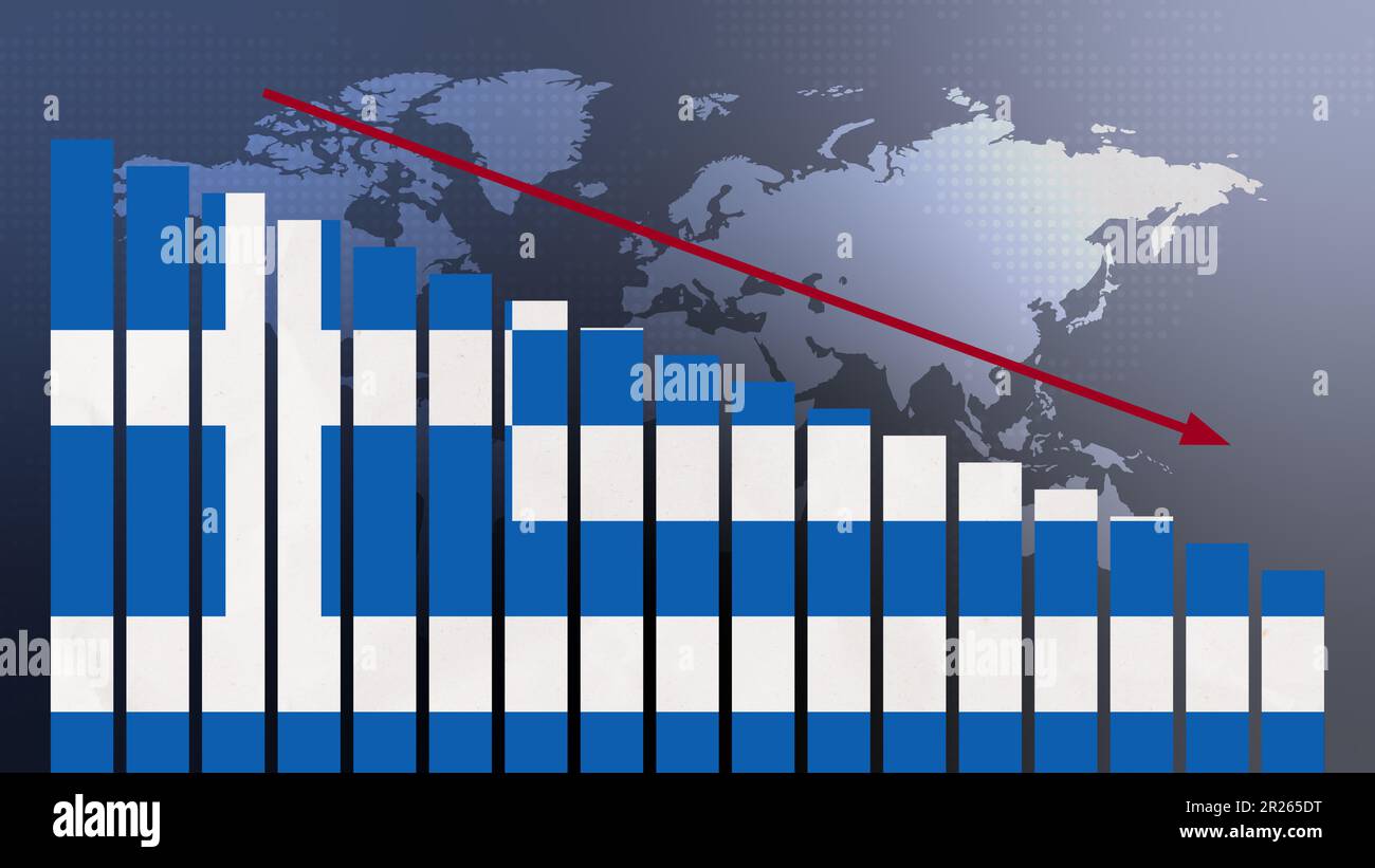 Griechische Flagge auf Balkendiagramm Konzept mit abnehmenden Werten, Konzept der Wirtschaftskrise, politische Konflikte, Kriegskonzept mit Flagge Stockfoto