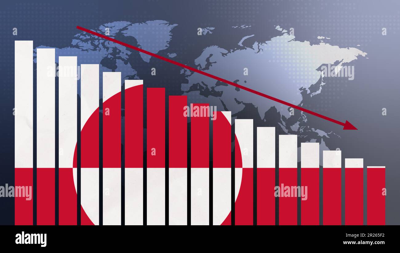 Grönland Flagge auf Balkendiagramm Konzept mit abnehmenden Werten, Konzept der Wirtschaftskrise, politische Konflikte, Kriegskonzept mit Flagge Stockfoto