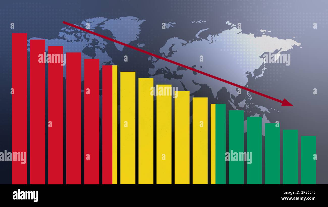 Guinea-Flagge auf Balkendiagramm Konzept mit abnehmenden Werten, Konzept der Wirtschaftskrise, politische Konflikte, Kriegskonzept mit Flagge Stockfoto