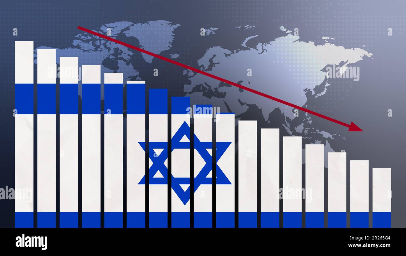 Israelische Flagge auf Balkendiagramm Konzept mit abnehmenden Werten, Konzept der Wirtschaftskrise, politische Konflikte, Kriegskonzept mit Flagge Stockfoto