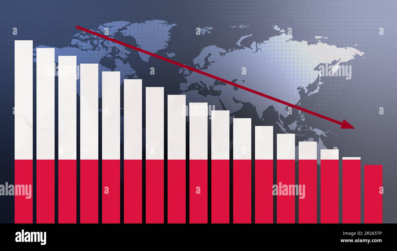 Polen Flagge auf Balkendiagramm Konzept mit abnehmenden Werten, Konzept der Wirtschaftskrise, politische Konflikte, Kriegskonzept mit Flagge Stockfoto