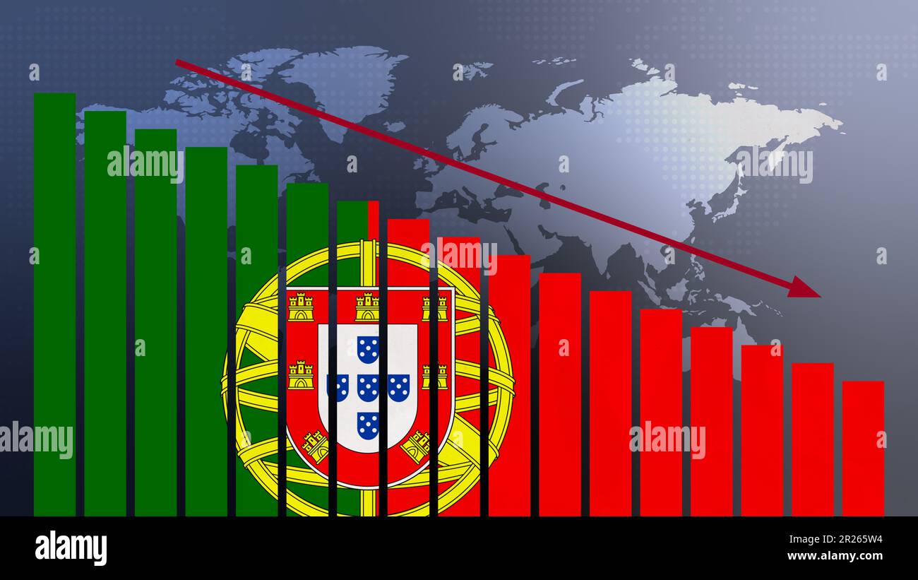 Portugiesische Flagge auf Balkendiagramm Konzept mit abnehmenden Werten, Konzept der Wirtschaftskrise, politische Konflikte, Kriegskonzept mit Flagge Stockfoto