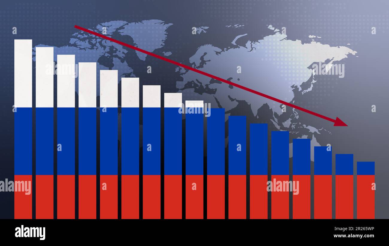 Russische Flagge auf Balkendiagramm Konzept mit abnehmenden Werten, Konzept der Wirtschaftskrise, politische Konflikte, Kriegskonzept mit Flagge Stockfoto