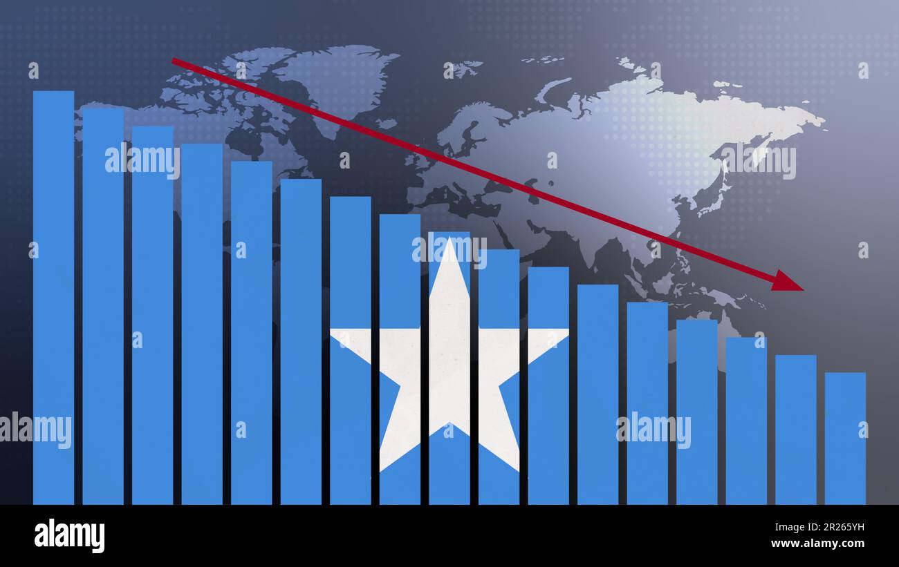 Somalia Flagge auf Balkendiagramm Konzept mit abnehmenden Werten, Konzept der Wirtschaftskrise, politische Konflikte, Kriegskonzept mit Flagge Stockfoto