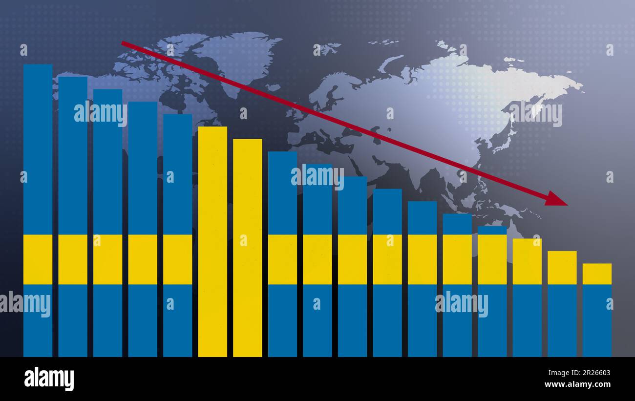 Schwedische Flagge auf Balkendiagramm Konzept mit abnehmenden Werten, Konzept der Wirtschaftskrise, politische Konflikte, Kriegskonzept mit Flagge Stockfoto