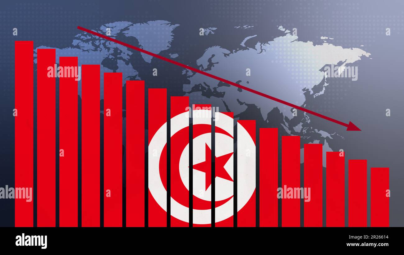 Tunesien Flagge auf Balkendiagramm Konzept mit abnehmenden Werten, Konzept der Wirtschaftskrise, politische Konflikte, Kriegskonzept mit Flagge Stockfoto