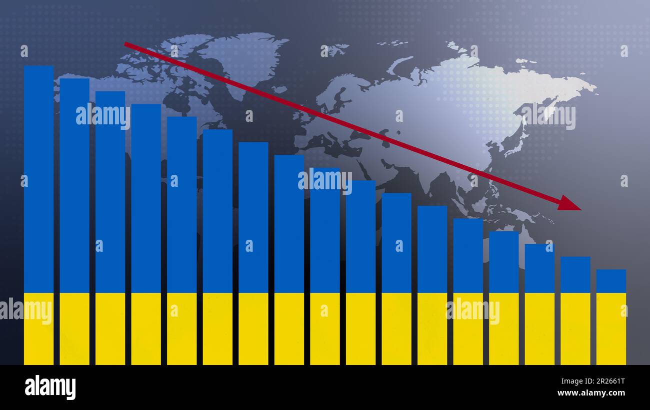 Ukrainische Flagge auf Balkendiagramm Konzept mit abnehmenden Werten, Konzept der Wirtschaftskrise, politische Konflikte, Kriegskonzept mit Flagge Stockfoto