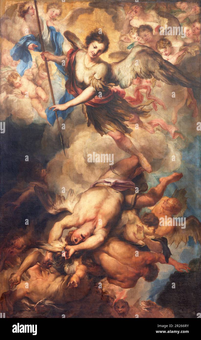 GENUA, ITALIEN - 5. MÄRZ 2023: Das Gemälde von St. Michael Erzengel in der Kirche Basilica di Santa Maria delle Vigne von Gregorio de Ferrari Stockfoto