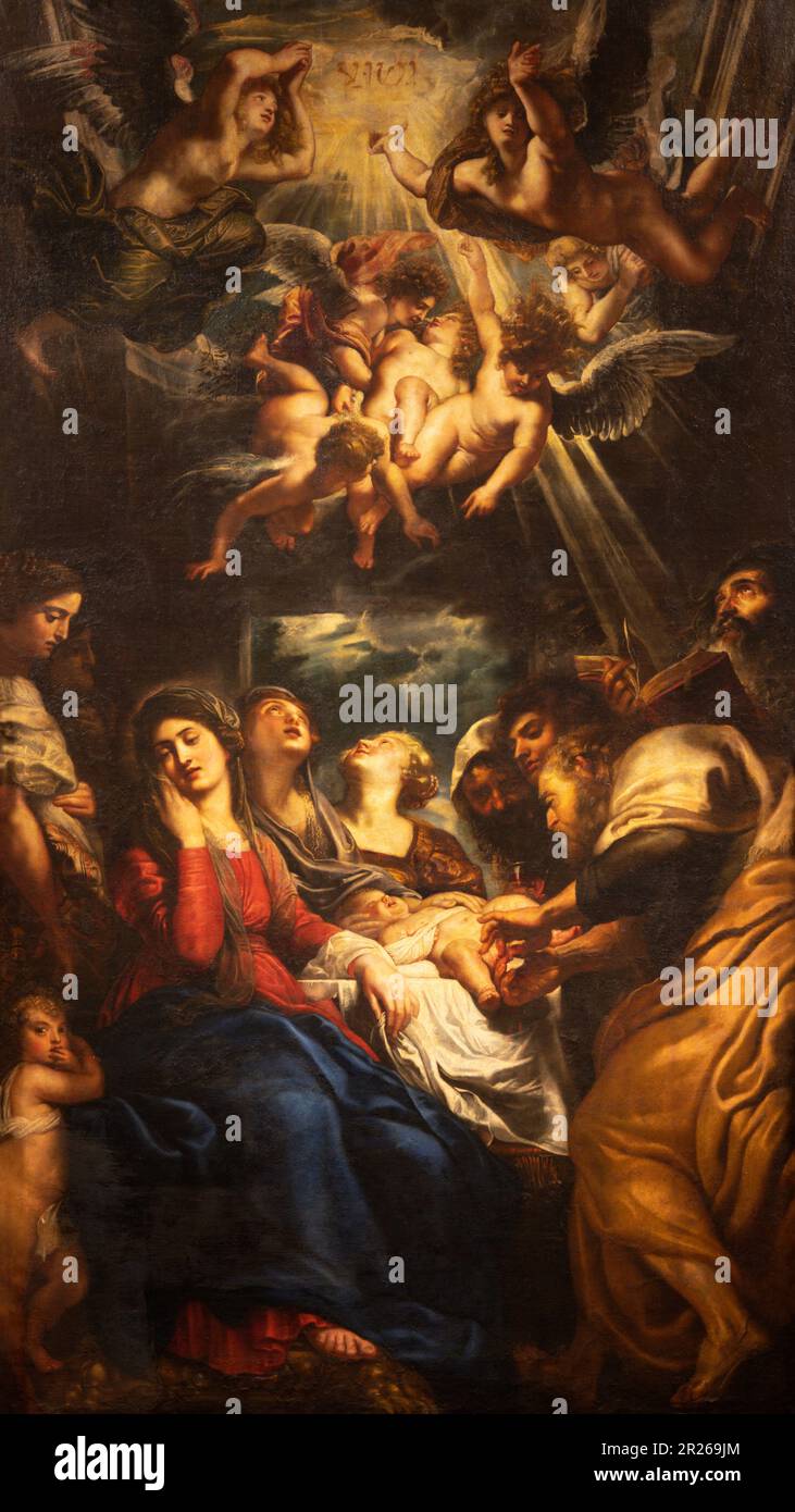 GENUA, ITALIEN - 5. MÄRZ 2023: Das Gemälde der Beschneidung Jesu in der Kirche Chiesa del Gesu von Peter Paul Rubens (1577 - 1640). Stockfoto