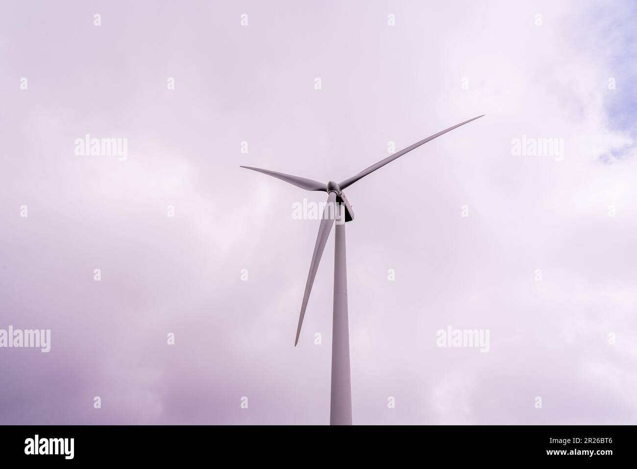 Windturbine, die Strom erzeugt saubere Energie mit Wolken- und Sonnenlicht-Hintergrund am Himmel. Konzept für saubere Energie. Hochwertiges Foto Stockfoto