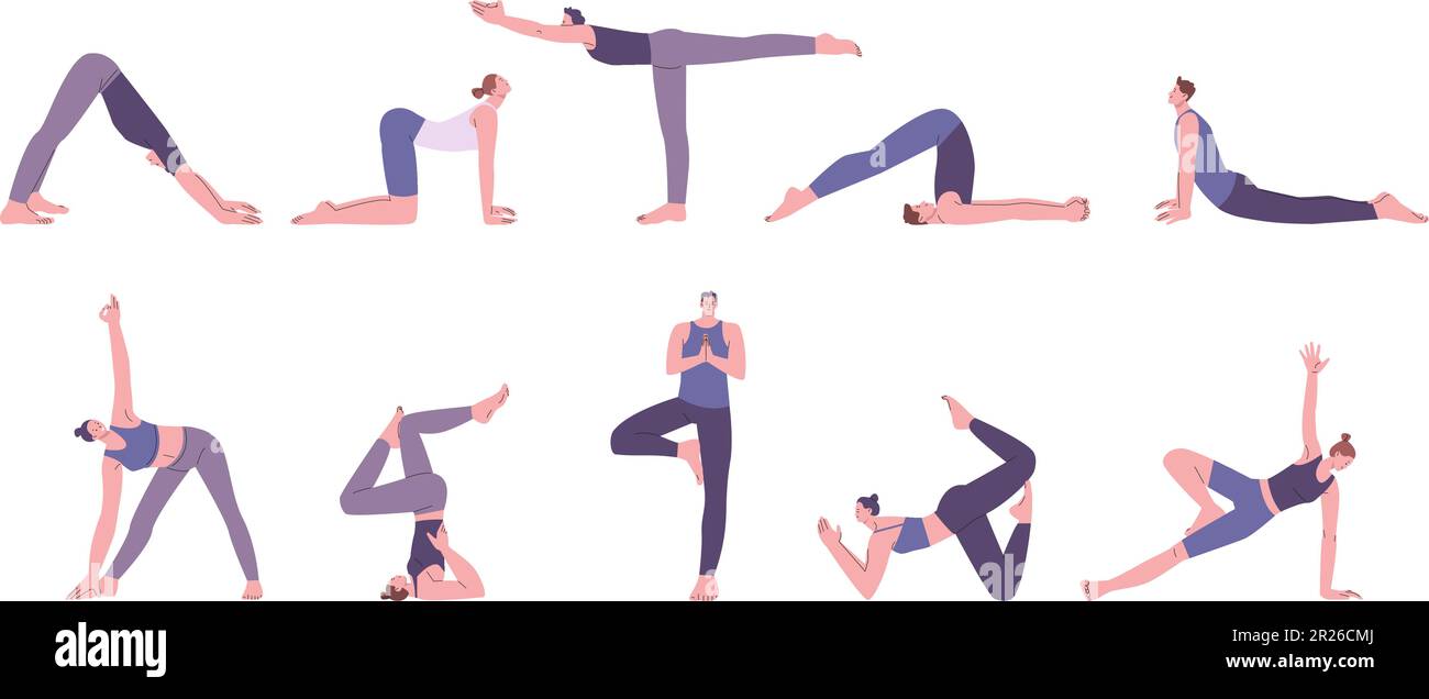 YogaCharaktere trainieren, Aerobic und Dehnübungen. Meditieren Sie in Posen, bringen Sie Sport