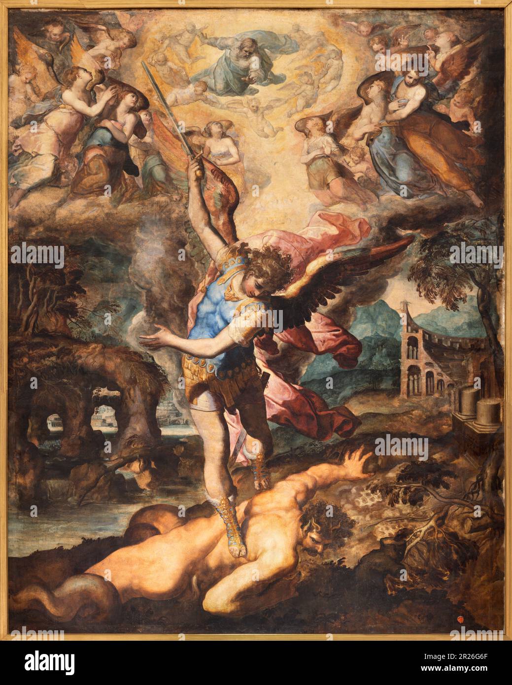NEAPEL, ITALIEN - 19. APRIL 2023: Das Gemälde von Michael Archangel in der Kirche Chiesa di Sant'Angelo a Nilo von Marco dal Pino (1573). Stockfoto