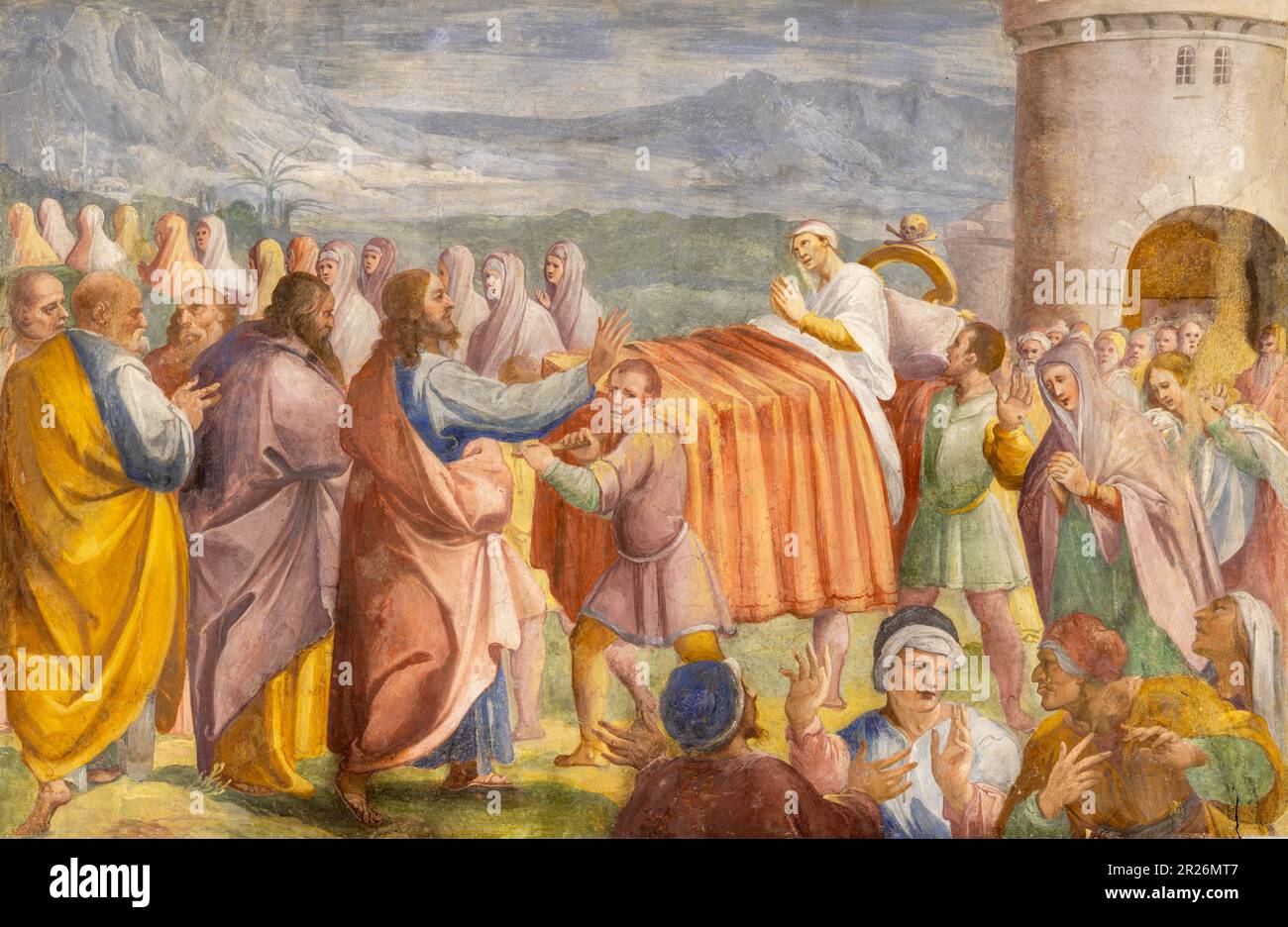 NEAPEL, ITALIEN - 22. APRIL 2023: Das Fresko der Auferstehung des Witwensohns in Nain in der Kirche Chiesa di Santa Maria di Piedigrotta Stockfoto
