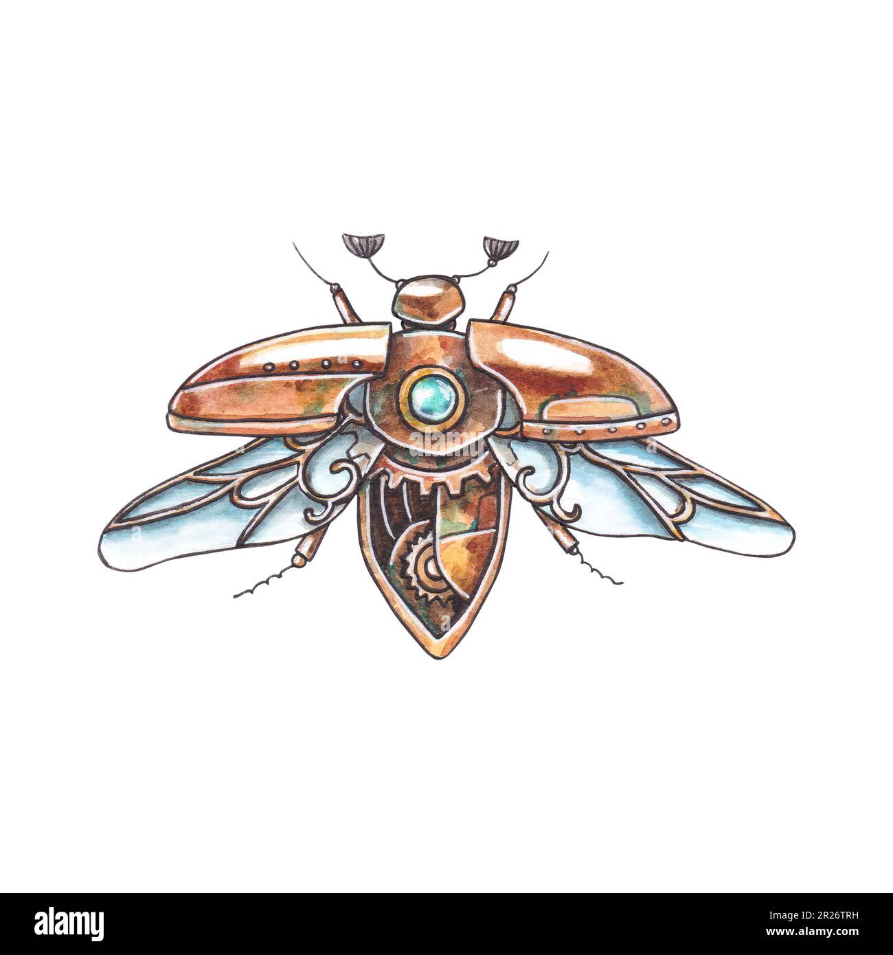 Steampunk Maybug isoliert auf weißem Hintergrund. Mechanischer Flügelkäfer. Von Hand gezeichnete Aquarelle für Clipart Stockfoto