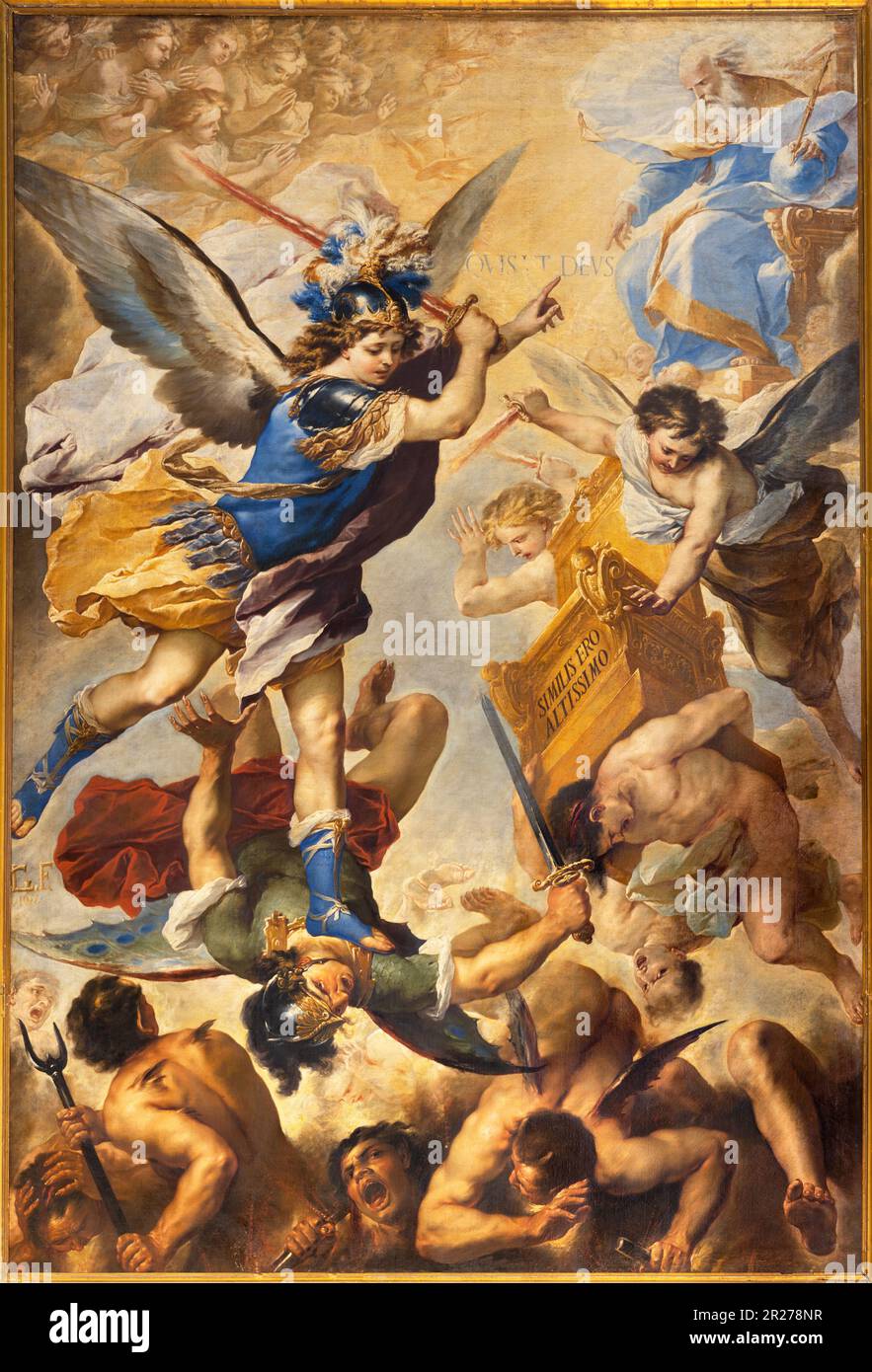 Neapel - Gemälde des Falls der Engel des Rebels (Erzengel Michael) in der Kirche Chiesa dell' Ascensione a Chiaia von Luca Giordano (1657). Stockfoto
