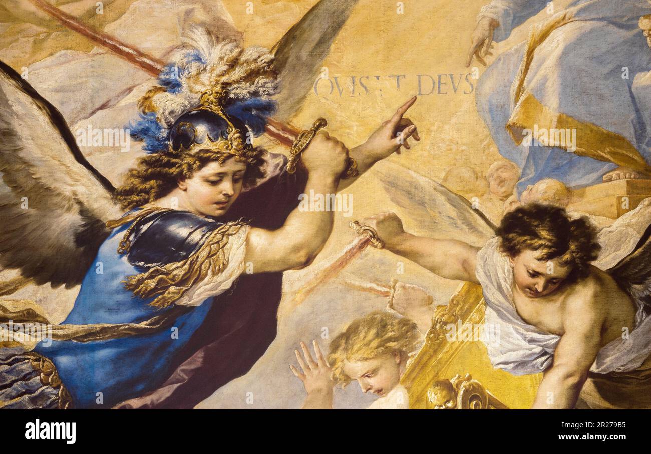 Neapel - das Detail von Erzengel Michael aus dem Gemälde des Falls der Rebellenengel in der Kirche Chiesa dell' Ascensione a Chiaia. Stockfoto
