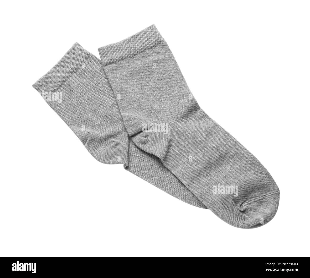 Paar graue Socken isoliert auf weiß, Draufsicht Stockfoto