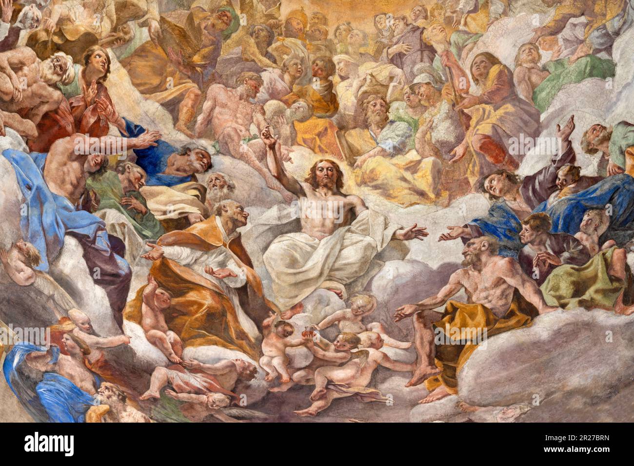 NEAPEL, ITALIEN - 22. APRIL 2023: Der Umzug Jesu vom Fresko in der Kuppel der Königlichen Kapelle des Schatzes von St. Januarius in der Kathedrale Stockfoto