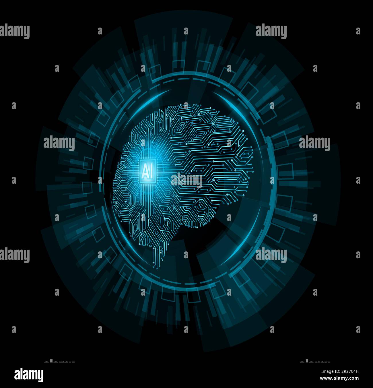 Abstraktes Konzept künstlicher Intelligenz. Leiterplatte und menschliches Gehirn im Kreis-hud-Grafikdisplay futuristisch. Stockfoto