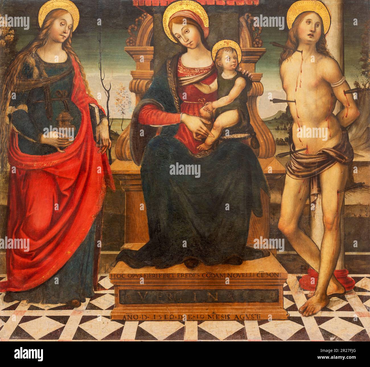 NEAPEL, ITALIEN - 21. APRIL 2023: Das Renaissance-Gemälde von Madonna mit St. Sebastian und Mary Magdalen in der Kirche Certosa di San Martino Stockfoto