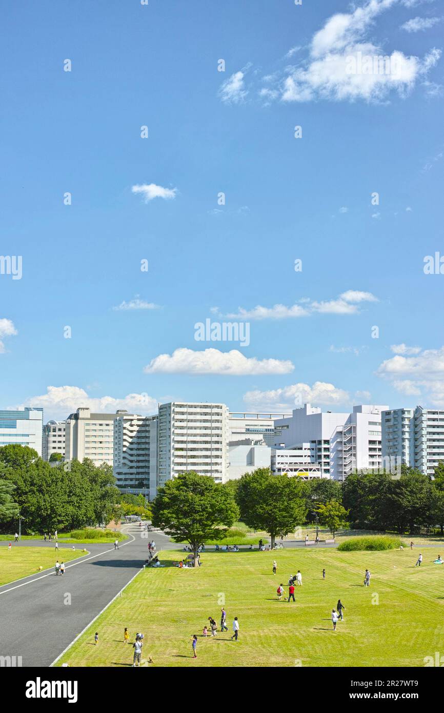 Tachikawa Stadtgebäude und Showa Memorial Park Stockfoto