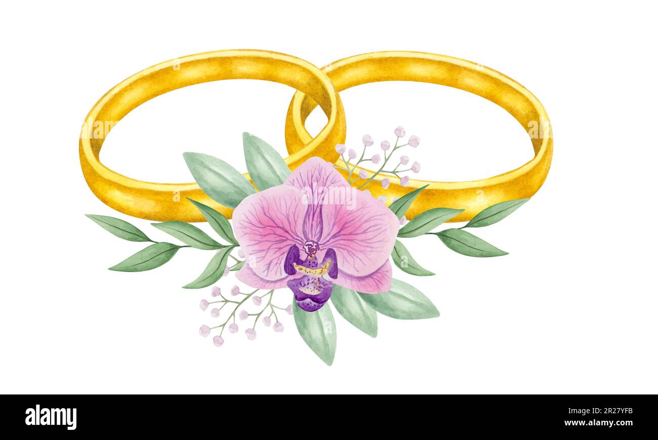 Goldene Eheringe mit Blumendekor. Aquarelle handgezeichnete Schmuckdarstellungen. Einzelabbildung auf weißem Hintergrund. Stockfoto