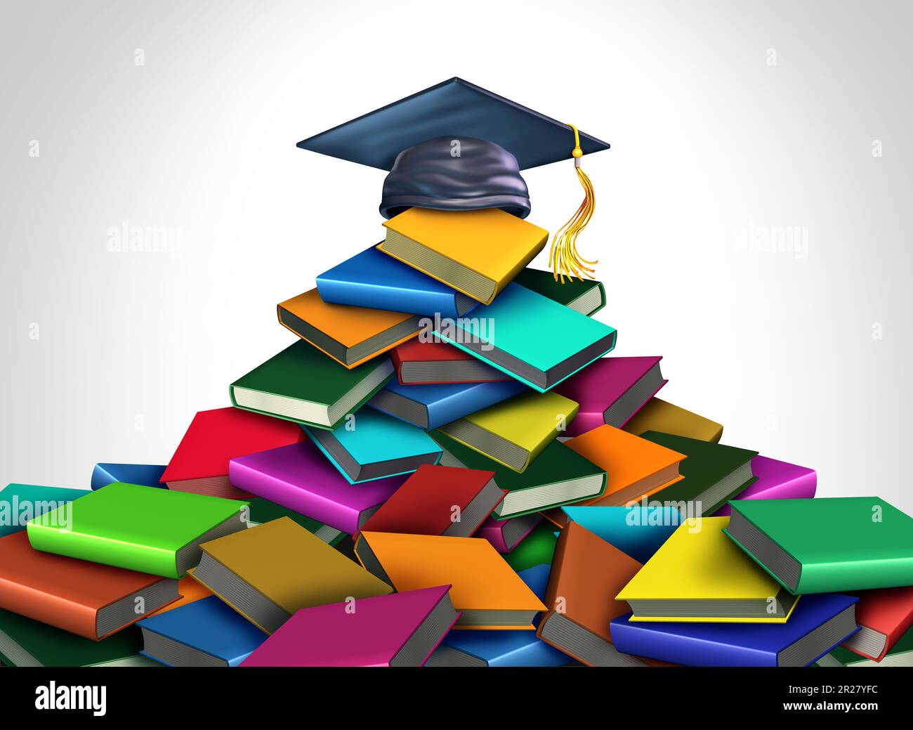 Bildung und Lernen mit Büchern als Literatur in einer Bibliothek oder Bücherregal Symbol als Autorenliterarschule oder College und Universität im Klassenzimmer Stockfoto