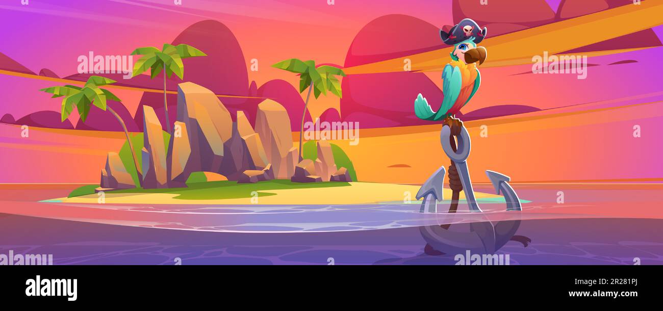 Cartoon-Piratenpapagei, der bei Sonnenuntergang im Meerwasser vor Anker in der Nähe der tropischen Insel sitzt. Vektordarstellung eines corsair-Tiervogel, der einen Hut mit menschlichem Schädel-Symbol trägt, Frieden des Landes mit Palmen und Steinen Stock Vektor