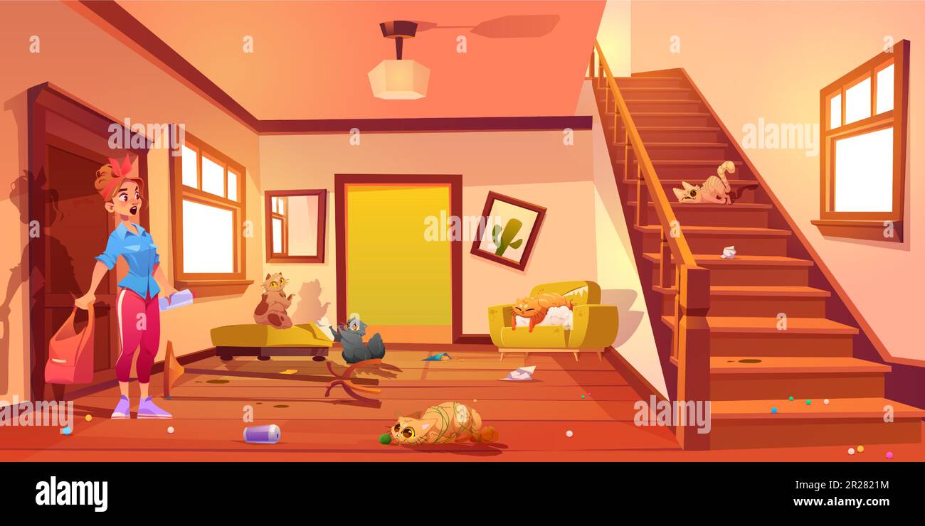 Eine Katzenbesitzerin, geschockt von einem unordentlichen Cartoon-Vektorhintergrund im Saal. Türeingang im Wohnhaus mit Holzfußboden und Holzmöbeln. Zimmer mit Treppe und Korridoren mit Haustierschäden Stock Vektor