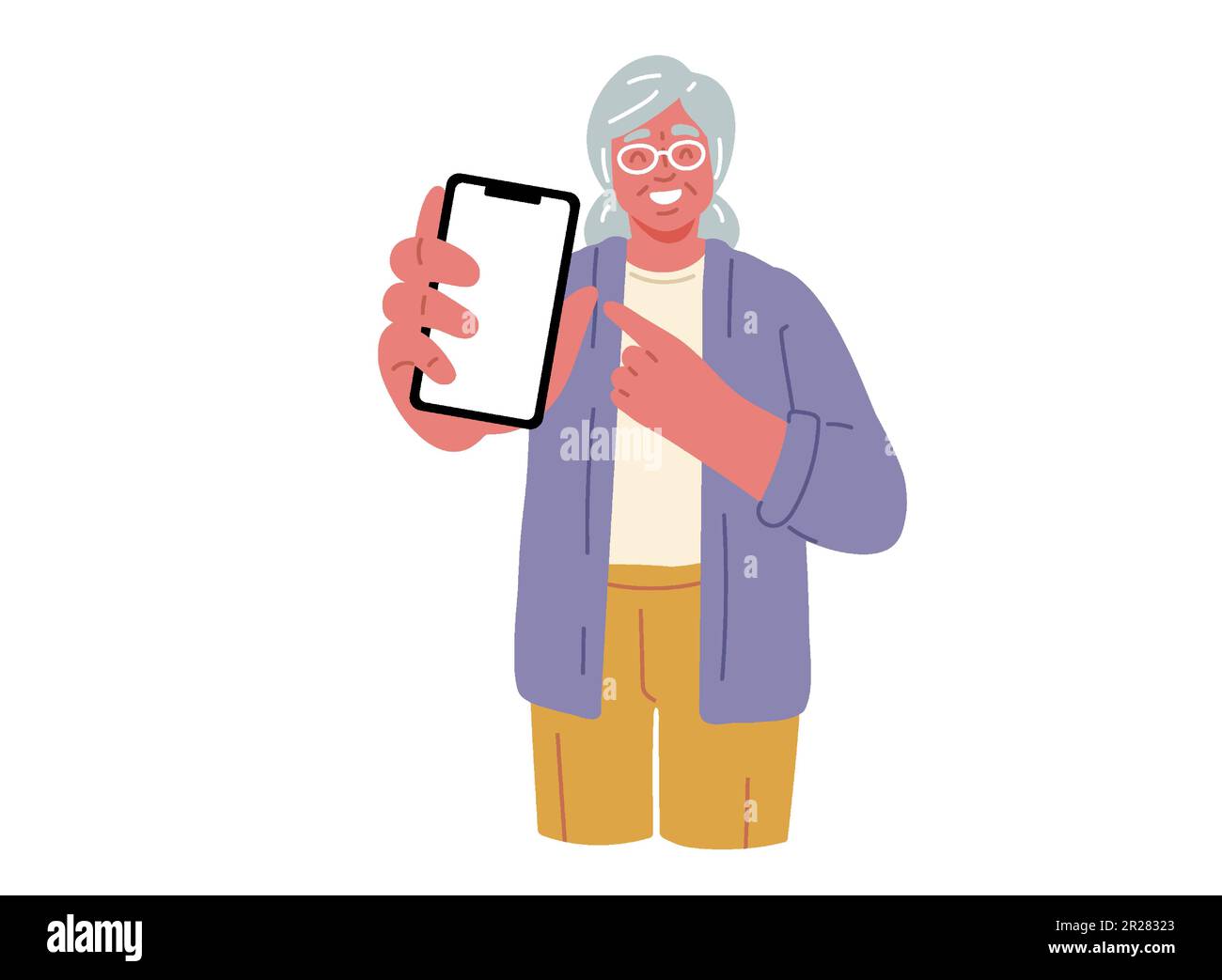 Seniorin zeigt sich auf dem Handy und lächelt. Vektor-Illustration Stock Vektor