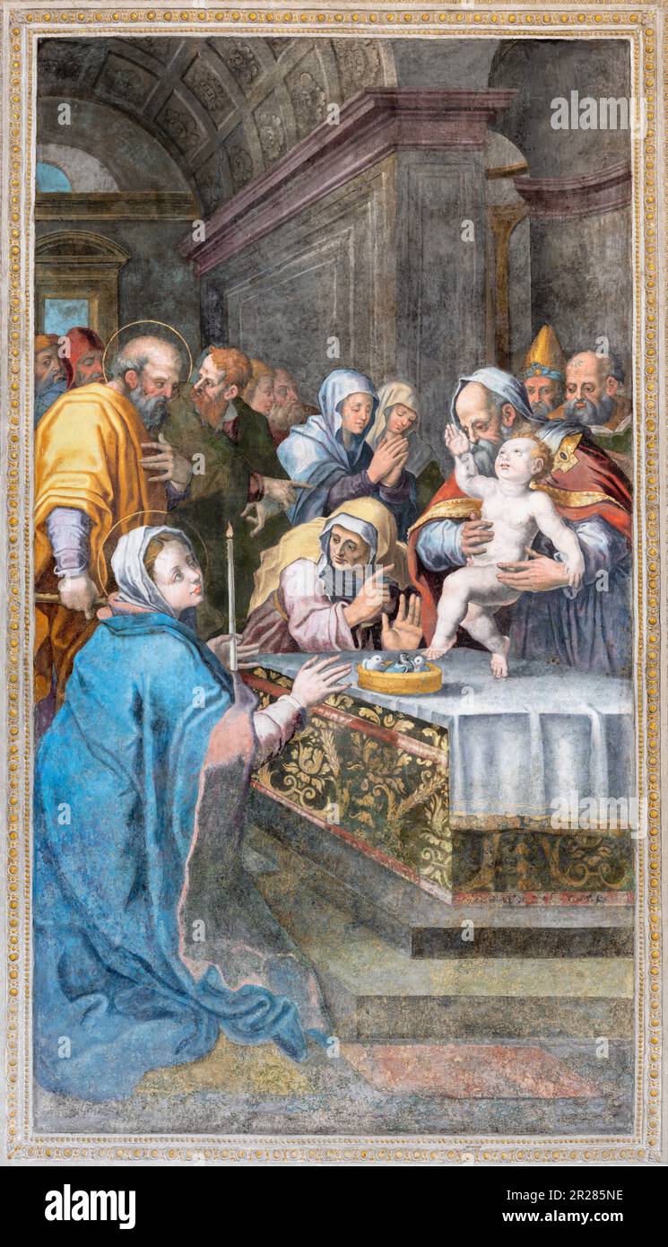 NEAPEL, ITALIEN - 23. APRIL 2023: Das Fresko der Präsentation Jesu im Tempel in der Kirche Chiesa di San Giovanni a Carbonara Stockfoto