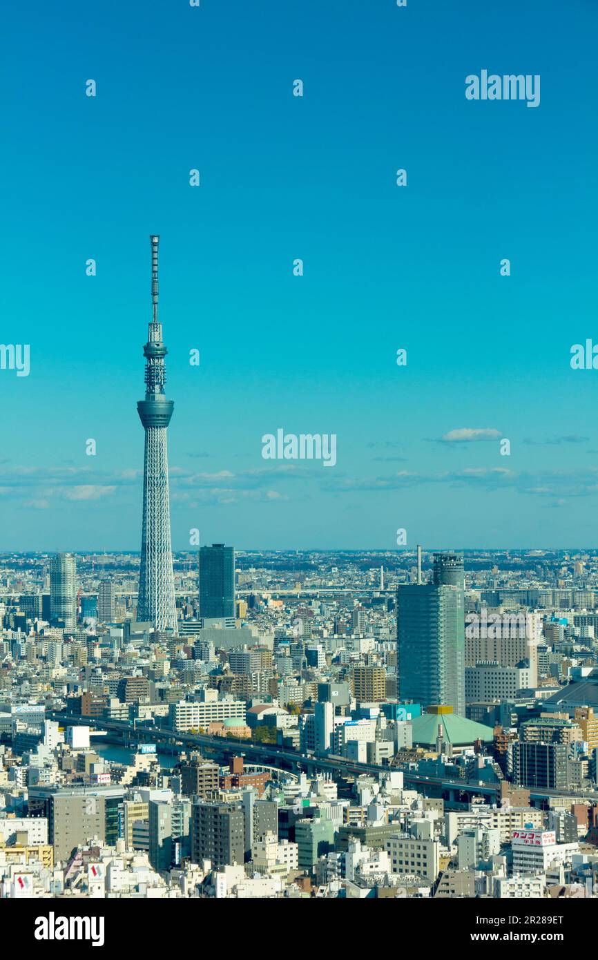 Ryogoku Kokugikan und Tokyo Sky Tree Area aus der Vogelperspektive Stockfoto