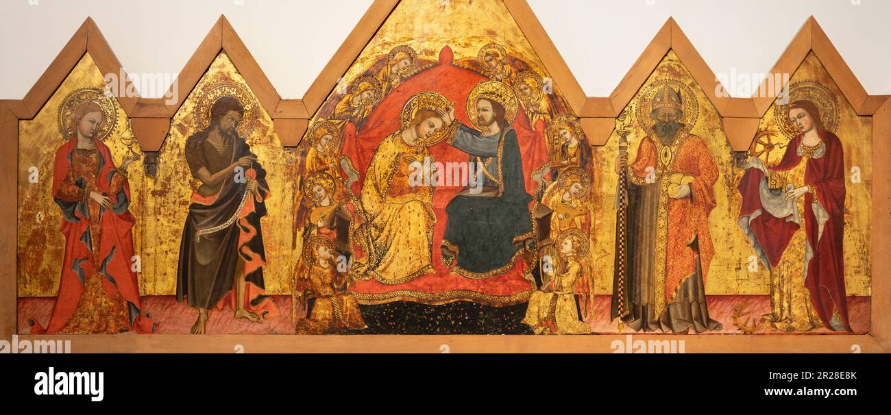 NEAPEL, ITALIEN - 24. APRIL 2023: Das mittelalterliche Gemälde der Krönung der Jungfrau Maria in der Kirche Chiesa di San Pietro Martire eines unbekannten Künstlers. Stockfoto
