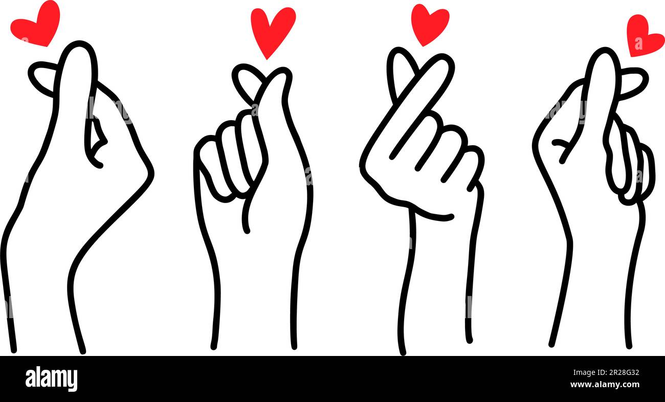 Koreanisches Herzzeichen. Finger-Liebessymbol. Alles Gute Zum Valentinstag. Ich liebe deine Handgeste. Vektordarstellung isoliert auf weißem Hintergrund. Handgezeichnete des Stock Vektor